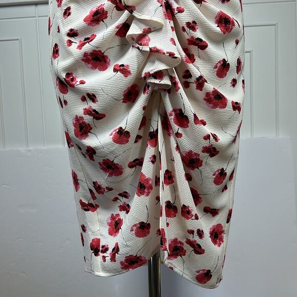 Lucy Paris One Shoulder Midi Dress Cream Red Floral Ruffles Feminine Cocktail L - Picture 8 of 16